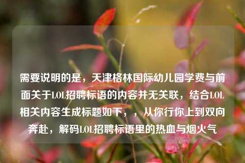需要说明的是,天津格林国际幼儿园学费与前面关于LOL招聘标语的内容并无关联,结合LOL相关内容生成标题如下,,从你行你上到双向奔赴,解码LOL招聘标语里的热血与烟火气