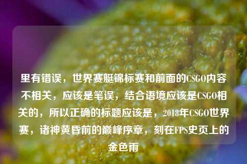里有错误,世界赛艇锦标赛和前面的CSGO内容不相关,应该是笔误,结合语境应该是CSGO相关的,所以正确的标题应该是,2018年CSGO世界赛,诸神黄昏前的巅峰序章,刻在FPS史页上的金色雨