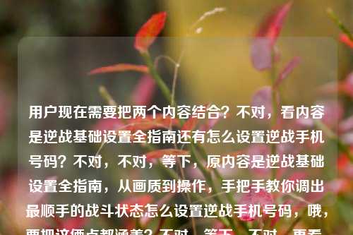 用户现在需要把两个内容结合?不对,看内容是逆战基础设置全指南还有怎么设置逆战手机号码?不对,不对,等下,原内容是逆战基础设置全指南,从画质到操作,手把手教你调出最顺手的战斗状态怎么设置逆战手机号码,哦,要把这俩点都涵盖?不对,等下,不对,再看,哦,不对,是不是用户给的内容是既有基础设置(画质操作调顺手状态)又有手机号设置的内容?那标题要包含这俩?不对,等下,再捋,首先核心是逆战的设置,一方面是从画质到操作的基础设置调顺手战斗状态,另一方面还有手机号码设置的方法?不对,不对,等下原句是不是用户输入