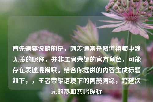 首先需要说明的是,阿羡通常是魔道祖师中魏无羡的昵称,并非王者荣耀的官方角色,可能存在表述混淆哦。结合你提供的内容生成标题如下,,王者荣耀语境下的阿羡阿缘,跨越次元的热血共鸣探析